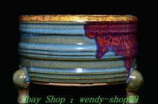 6.3"Old Dynasty Jun Kiln Porcelain Gilt Inscription 3 Leg Incense Burner Censer