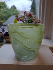 Kosta Boda Style Green to Clear Swirl Pattern Art Glass Wide Vase. 13cm Tall
