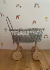 GREY Simple wicker doll pram . Handmade and organic.