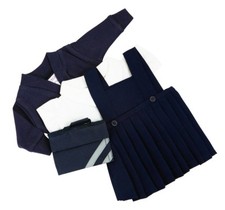 Dolls School Uniform with Grey Pinafore Set , Navy Cardy and Bag . 3 Sizes