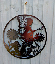 Fairy Metal Garden Outdoor Round Black Wall Art Plaque 45cm Diameter