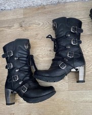 Ladies Black New Rock Boots Leather embossed Floral UK Size 6 to 6.5