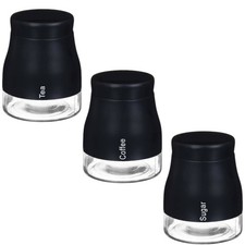 Home Kitchen GLASS BOTTOM  SET 3 SUGAR TEA COFFEE JARS - Black/Stainless Steel