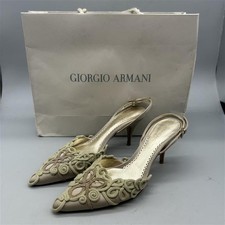 Vintage Giorgio Armani Kitten Sling Back Heels - Size 35EU - Beige Embroide