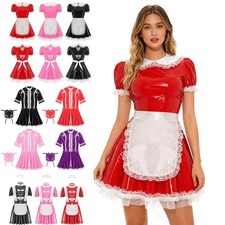 Womens Wetlook PVC Leather French Maid Mini Dress Anime Cosplay Costume Uniform 