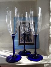 3 Vintage Luminarc Blue Stem Glass Champagne Flutes