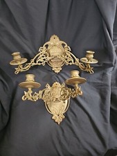 Pair (2) Vintage Brass Piano Sconces Double Arm Shield Wall Candlestick Holders