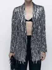 Zara Sequin Small Black/ Silver Sparkly Jacket Blazer Fringing Festive Christmas