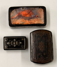 Antique Papier Mache Snuff Boxes collection of 3  Victorian 19th century