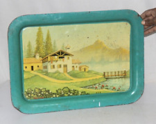 Old Vintage Handmade Iron Tray Plate Serving Litho Print 'Lakehouse Scenery' R0