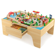 Kids Wooden Train Tracks Set &Table 84-Piece Activity Playset w/Reversible Table