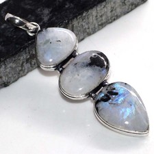Long Rainbow Moonstone 925 Silver Plated Pendant 2.7" Ethnic Gift GW