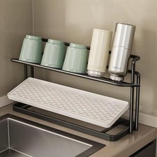 2 Tier Bottle Drying Rack Cup Mug Holder Drain Tray Kitchen Counter Stand Black