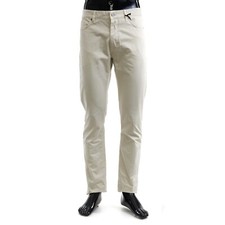 BERLUTI 820$ Ivory Cotton Slim Fit Garment Dyed Denim Trousers and Leather Patch