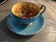 Aynsley Orchard Gold Turquoise Cup and Saucer signed Jones