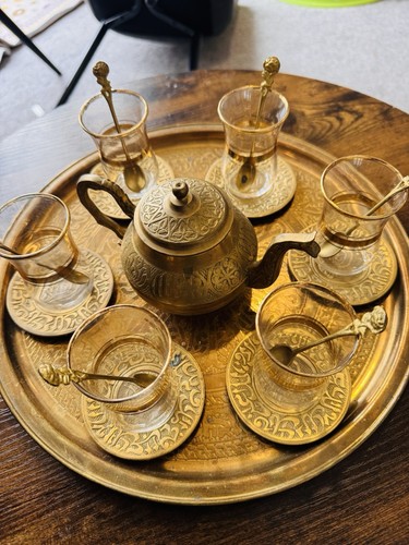Vintage brass turkish tea set - vintage,