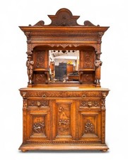 Antique Oak Sideboard – Mirror Back Buffet – Carved Tavern Scenes c1890