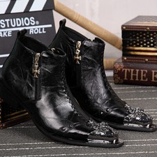 New Mens Real Leather Ankle Boot Western Point Metal Toe Nightclub Shoes Zip