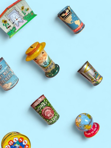 Vintage tin plate money boxes - tin,