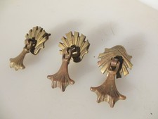 Vintage Brass Cabinet Handles Drawer Drop Pulls Old Cupboard Antique Fan Deco x3