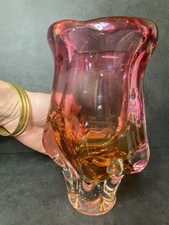 Vintage Czech Josef Hospodka Chribska Art Glass Vase Cranberry & Amber 1970