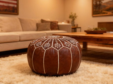 PREFILLED Brown Leather Pouf Ottoman Handmade Moroccan Footstool Pouffe rounded