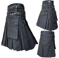 Men's Black Cotton, Leather Straps, Fashion Sport Utility Kilt, Adjustable Sizes