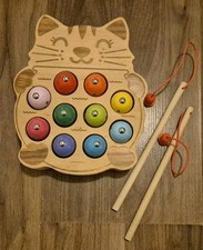 Cat Shaped Wooden Magnetic Fishing Game Set for Toddlers, Kids and Family,