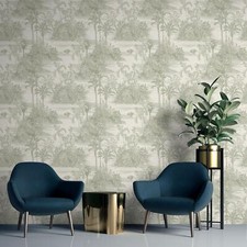 Eden Toile Wallpaper Muriva Tropical Olive Green M37304 Palm Tree Islands