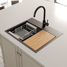 Black Kitchen Sink 1 Bowl Undermount Inset Modern Stainless Steel Drainer Waste