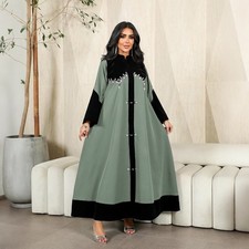 Muslim Women Long Dress Velvet Beaded Kaftan Abaya Dubai Maxi Robe Ramadan Party