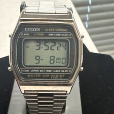 Vtg Citizen Men 34mm Digital Watch Silver Tone P110-312759-RUNS Great New Batt.