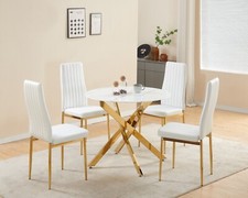 Dining Table Set White Marble-Effect 90cm Round Gold and 4 Faux Leather Chairs