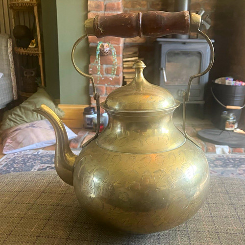Vintage etched brass tea - brass,