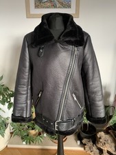 Zara Black Faux Leather Shearling Bomber Jacket Coat Aviator Biker  - Small