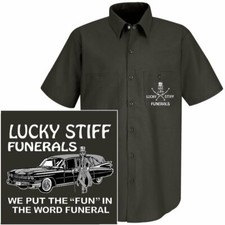 LUCKY STIFF FUNERALS WE PUT THE FUN IN FUNERAL HEARSE SKULL UNDERTAKER WORKSHIRT