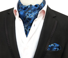 Classic Men's Ascot Cravat Tie Silk Checks Blue Scarf Cravat Hanky Set