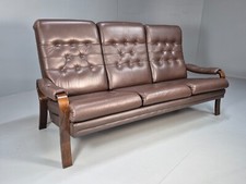 Vintage danish 3 seat Brown Leather Sofa Bentwood Frame 1980s Retro EB9079 M3SS