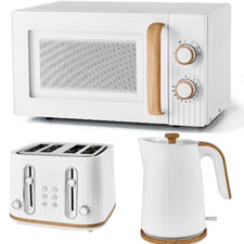 Wood Textured Scandi Kettle Toaster and Microwave Set Stylish Kitchen in White