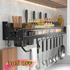 Wall Kitchen Shelf Utensil Hanging Pot Rack Saucepan Pan Organiser Hanger +Hooks