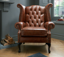 Chesterfield Highback Queen Anne Chair 100% Genuine Vintage Tan Leather