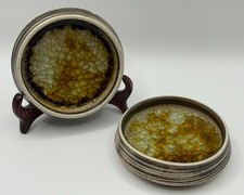 Two Vintage Purbeck Pottery Small Stoneware Bowls With Amber Glass Centres