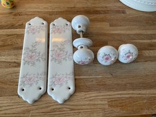 Vintage Porcelain Ceramic Pink Cherry Blossom Floral Push Finger Plates & Knobs