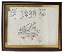 Original 1899 Antique Hand-Drawn Art in Vintage Frame, Christmas Decor
