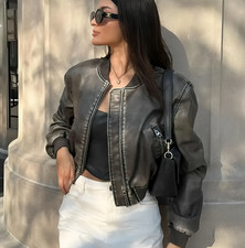 ZARA CHARCOAL WORN EFFECT FAUX LEATHER BIKER OVERSIZED BOMBER JACKET ZIP POCKETS