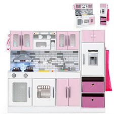 COSTWAY Kids Kitchen Playset 2-Piece Modular Wooden Play Kitchen-Pink