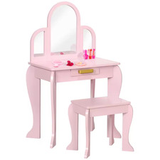 Kids Dressing Table and Stool Kids Vanity Set Makeup Desk W/ Mirror, Drawer