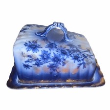 Antique Devon English Blue Flow Covered Cheese Dish Pottery Ceramic Stoneware