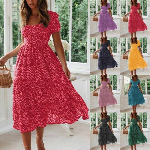 Women floral boho midi dress - midi,