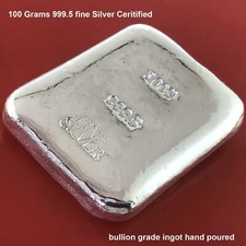 100 gr 999.5 Fine Silver Certified Bullion Grade Ingot Bar Hand Poured